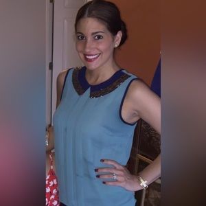 Teal Blouse with gold sequin collar